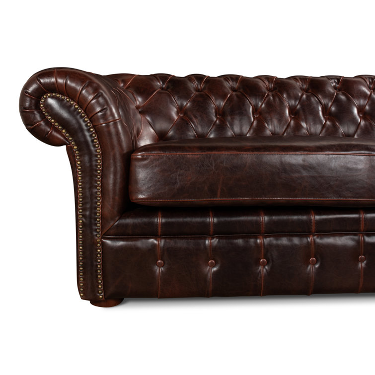 Brown Leather Tufted Chesterfield Sofa with Rolled Arms