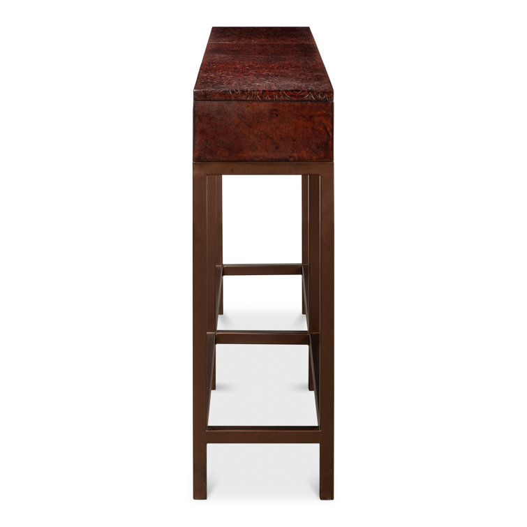 Brown Embossed Leather Console Table with Iron Frame and Storage