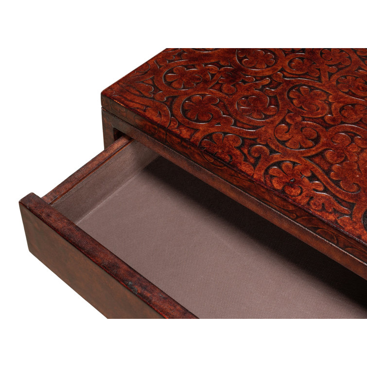 Brown Embossed Leather Console Table with Iron Frame and Storage