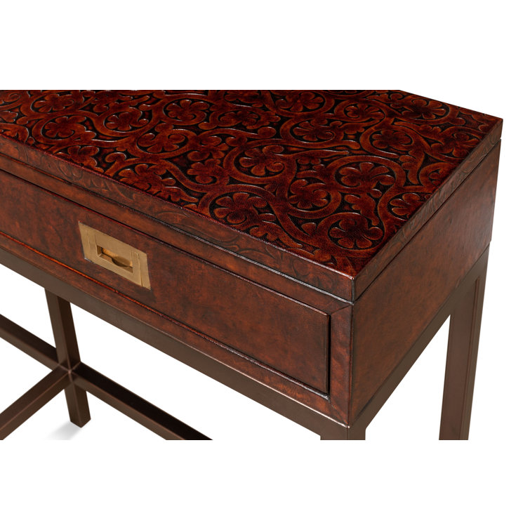 Brown Embossed Leather Console Table with Iron Frame and Storage