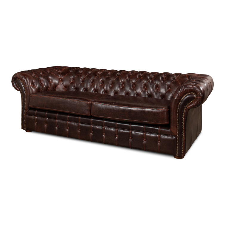 Brown Leather Tufted Chesterfield Sofa with Rolled Arms