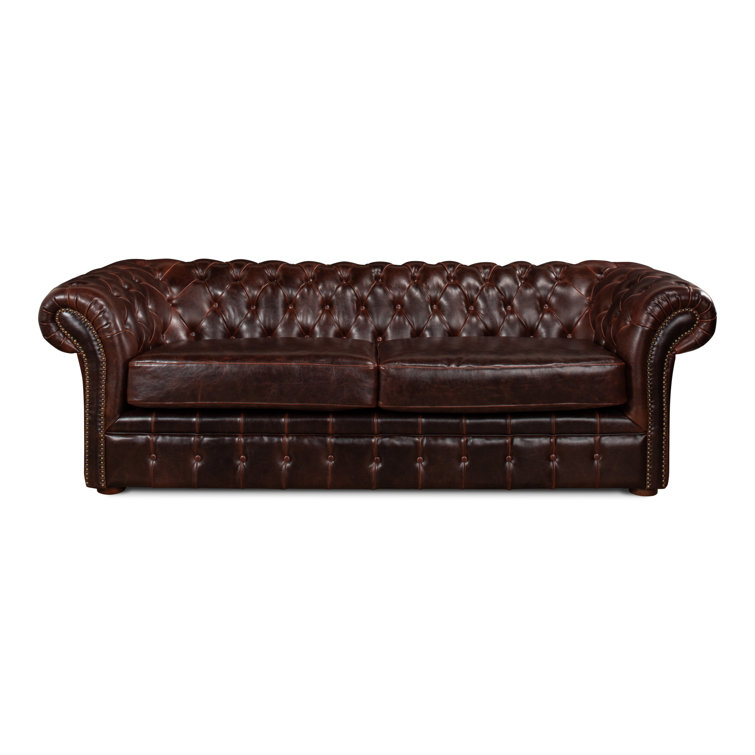 Brown Leather Tufted Chesterfield Sofa with Rolled Arms