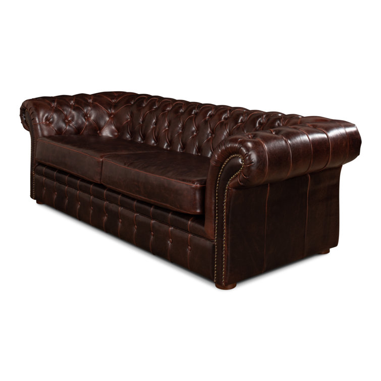 Brown Leather Tufted Chesterfield Sofa with Rolled Arms