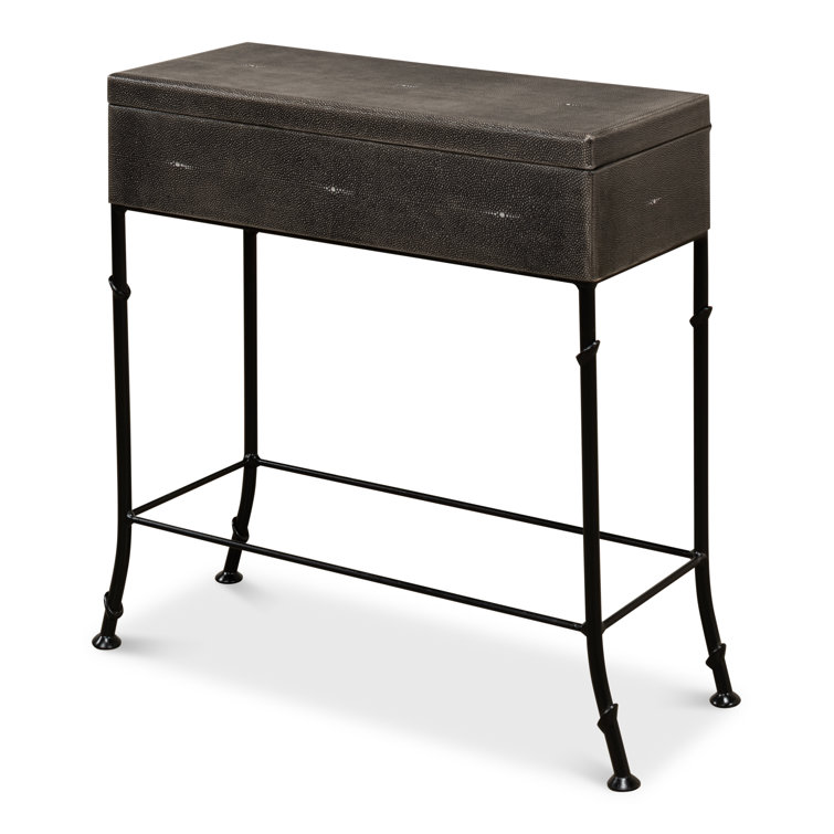 Contemporary Gray Shagreen Leather & Iron Storage End Table