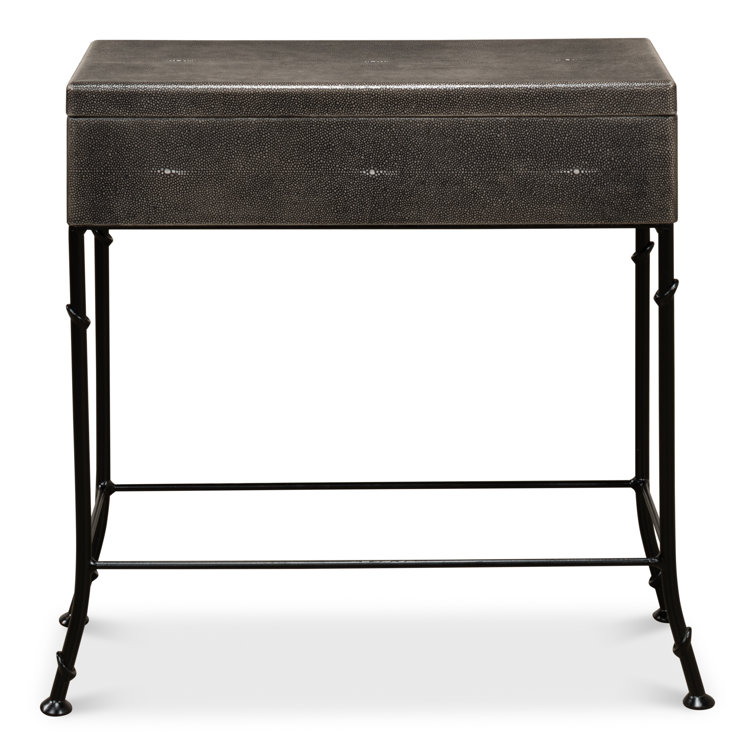 Contemporary Gray Shagreen Leather & Iron Storage End Table