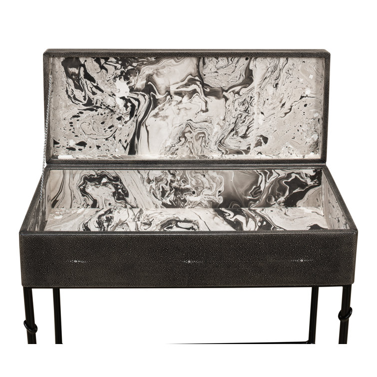 Contemporary Gray Shagreen Leather & Iron Storage End Table