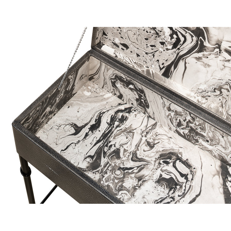 Contemporary Gray Shagreen Leather & Iron Storage End Table