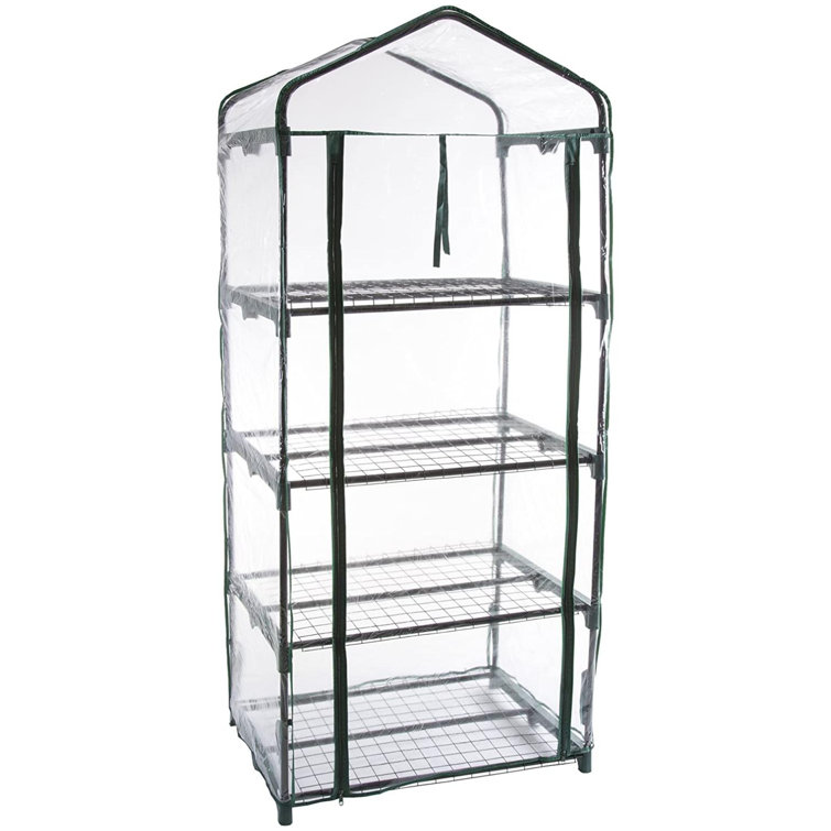 Compact 5' Green Mini Greenhouse with Roll-Up Door and Mesh Shelves