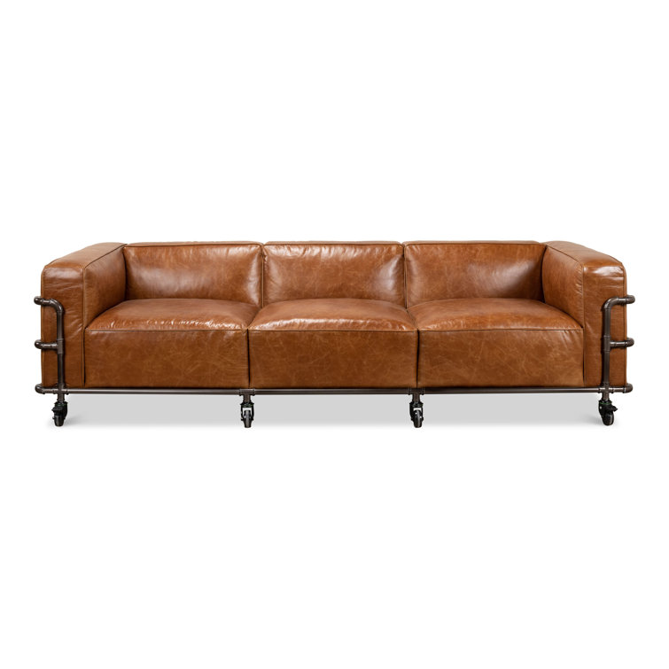Industrial Brown Leather Sofa with Metal Frame and Casters