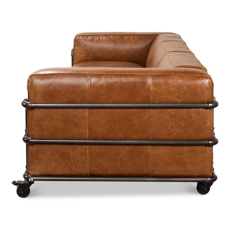 Industrial Brown Leather Sofa with Metal Frame and Casters