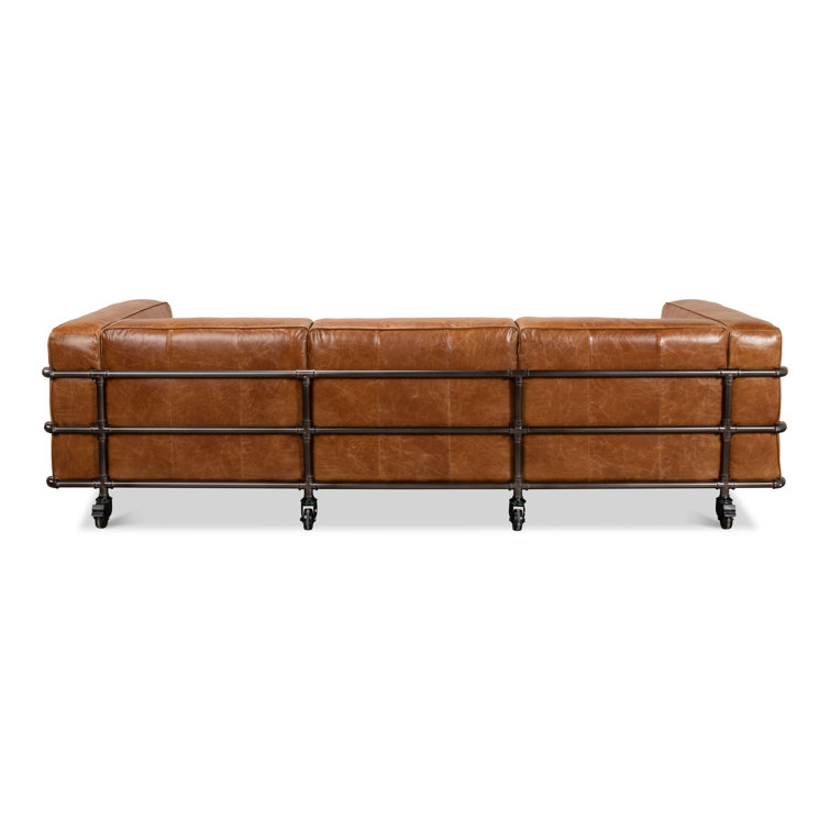 Industrial Brown Leather Sofa with Metal Frame and Casters