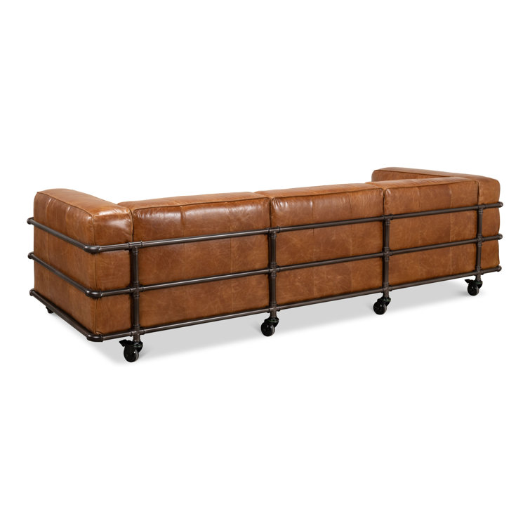 Industrial Brown Leather Sofa with Metal Frame and Casters