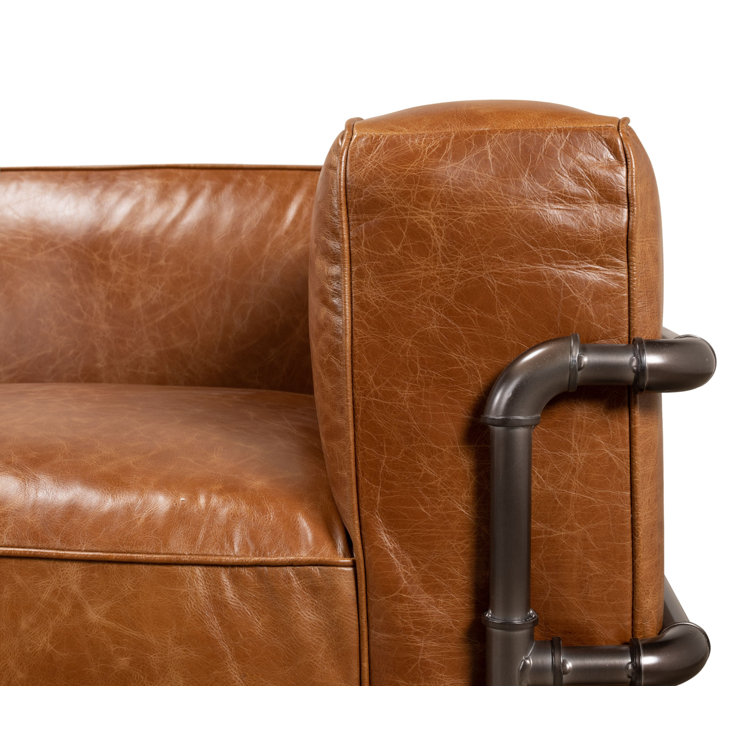 Industrial Brown Leather Sofa with Metal Frame and Casters