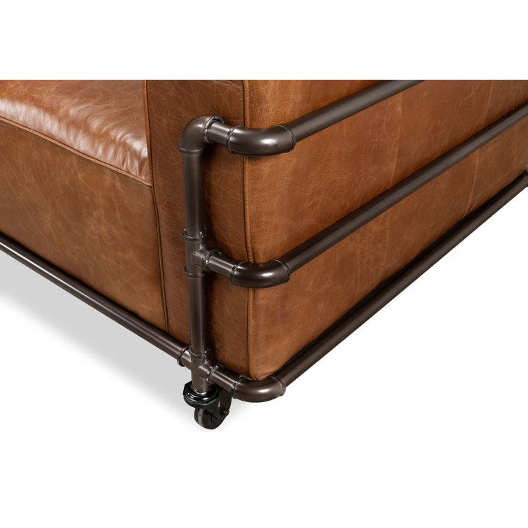 Industrial Brown Leather Sofa with Metal Frame and Casters