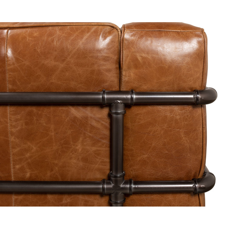 Industrial Brown Leather Sofa with Metal Frame and Casters