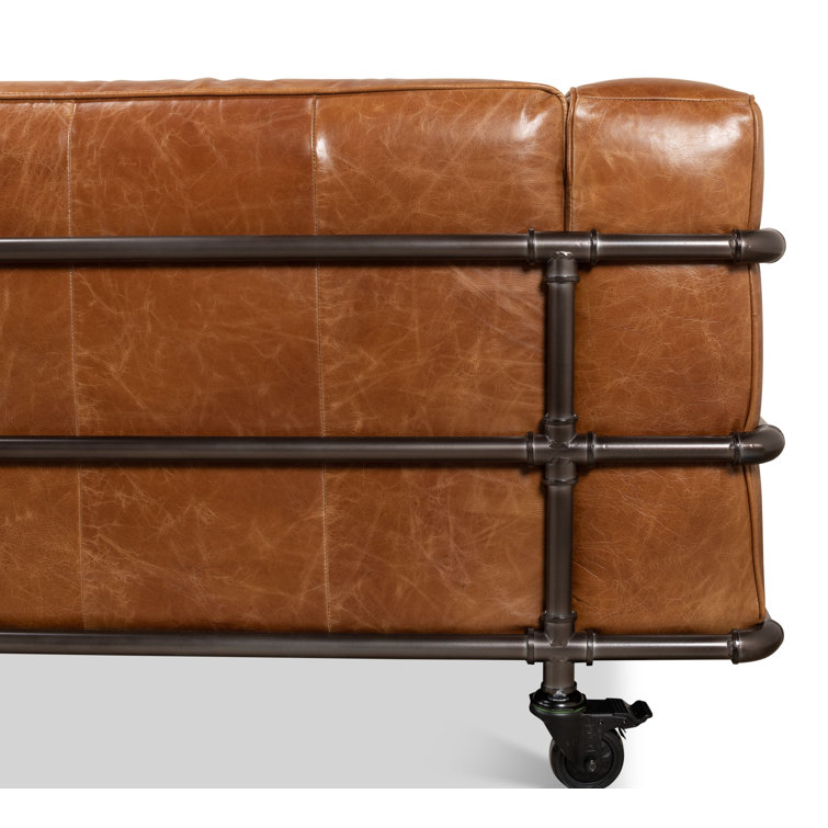 Industrial Brown Leather Sofa with Metal Frame and Casters