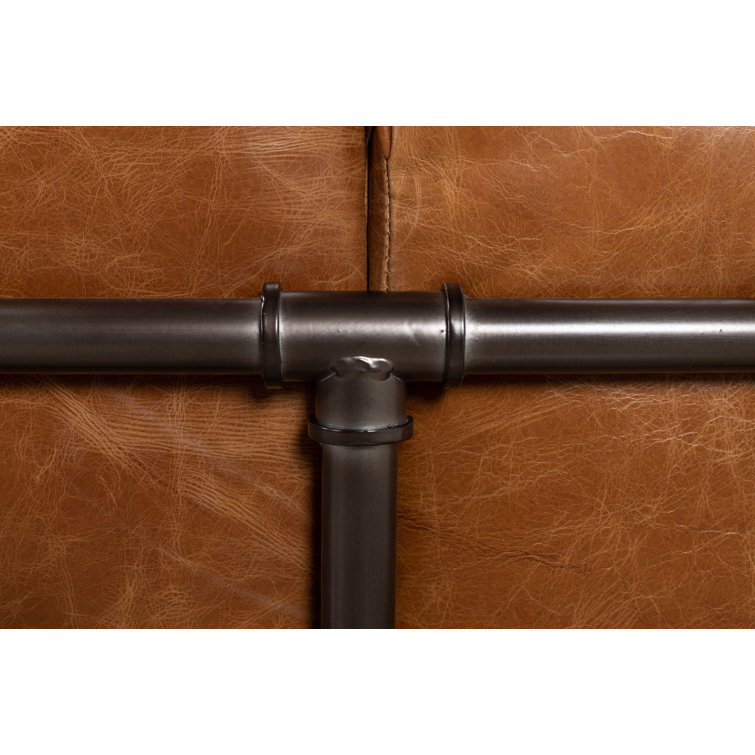 Industrial Brown Leather Sofa with Metal Frame and Casters