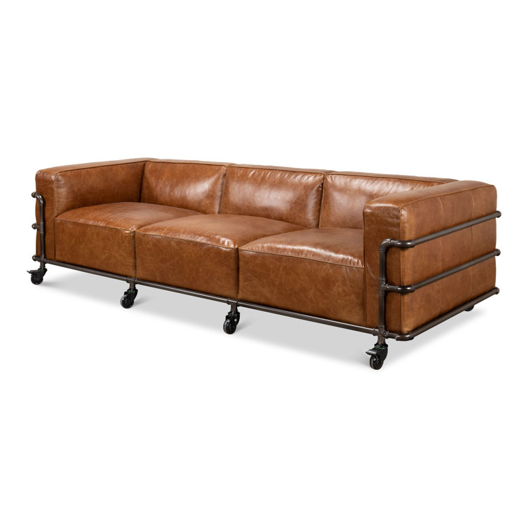 Industrial Brown Leather Sofa with Metal Frame and Casters