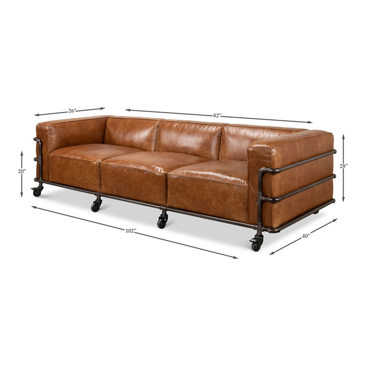 Industrial Brown Leather Sofa with Metal Frame and Casters
