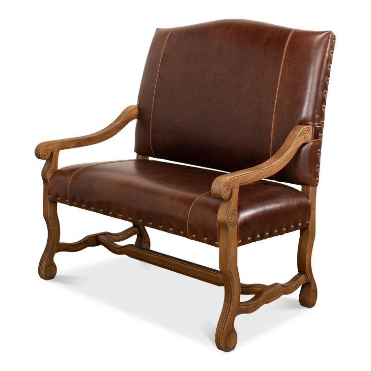 Brown Leather Traditional Settee with Nailhead Trim