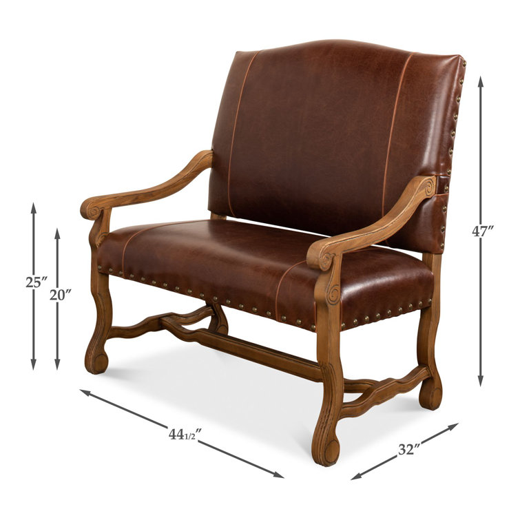 Brown Leather Traditional Settee with Nailhead Trim
