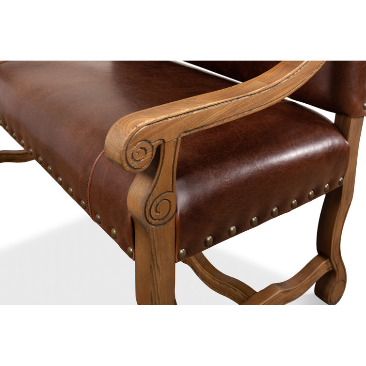 Brown Leather Traditional Settee with Nailhead Trim