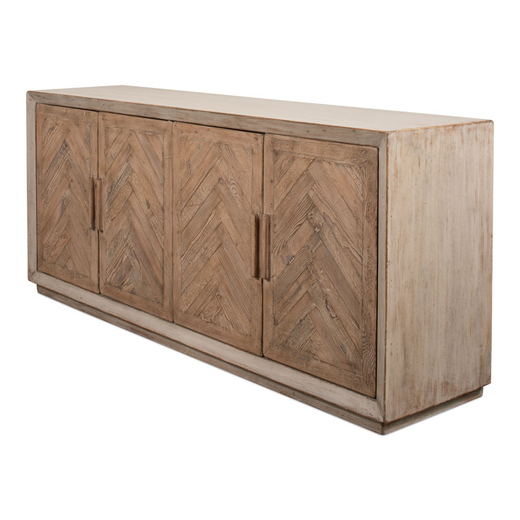 Antique White and Natural Pine 4-Door Buffet Sideboard