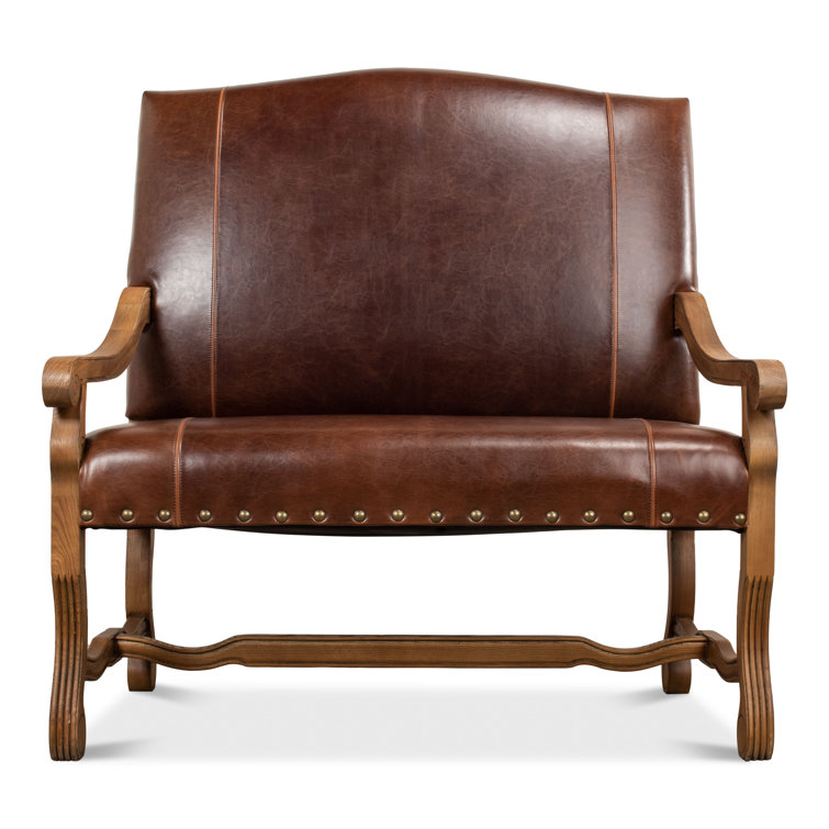 Brown Leather Traditional Settee with Nailhead Trim