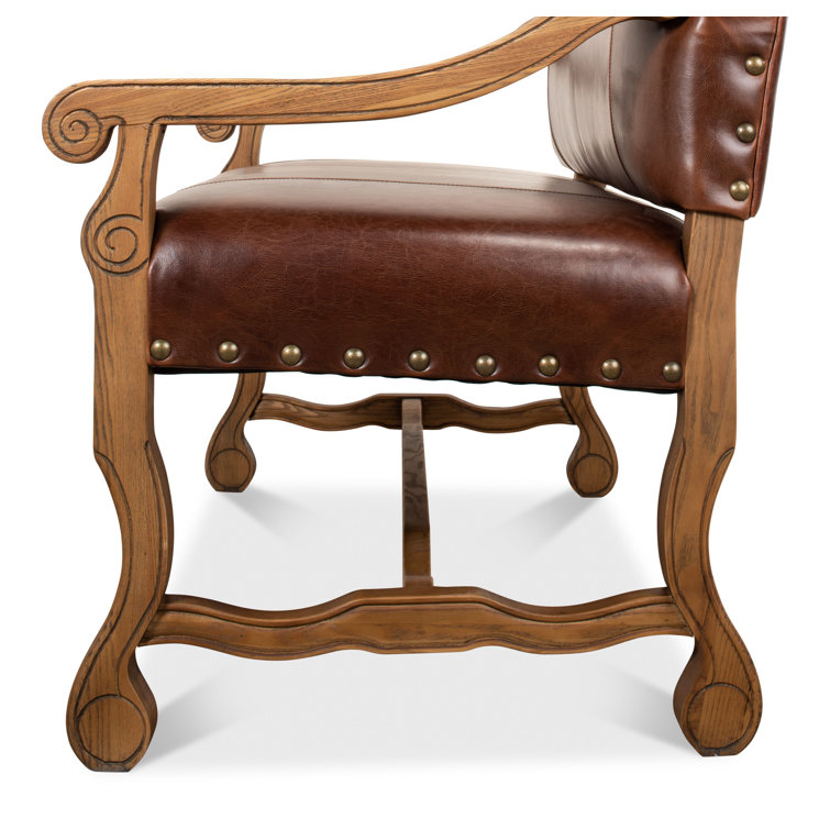 Brown Leather Traditional Settee with Nailhead Trim