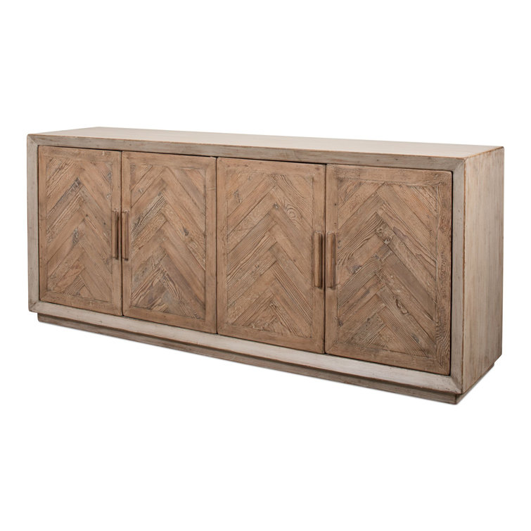 Antique White and Natural Pine 4-Door Buffet Sideboard
