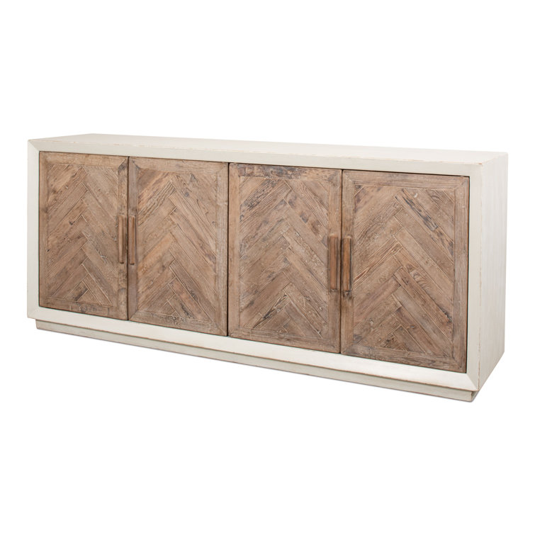Antique White and Natural Pine 4-Door Buffet Sideboard