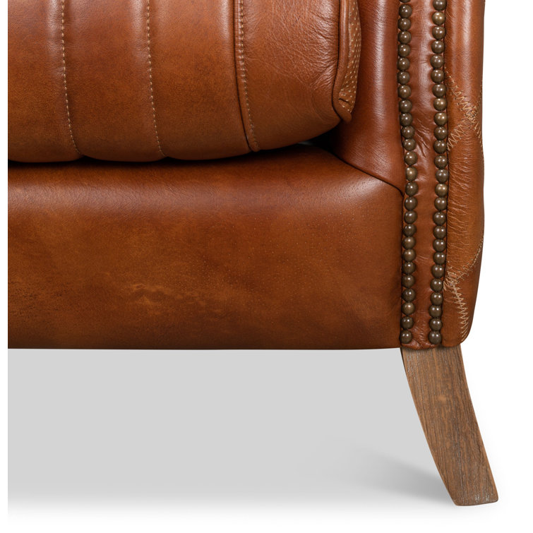 Transitional Bugatti Brown Leather & Wood Wingback Arm Chair