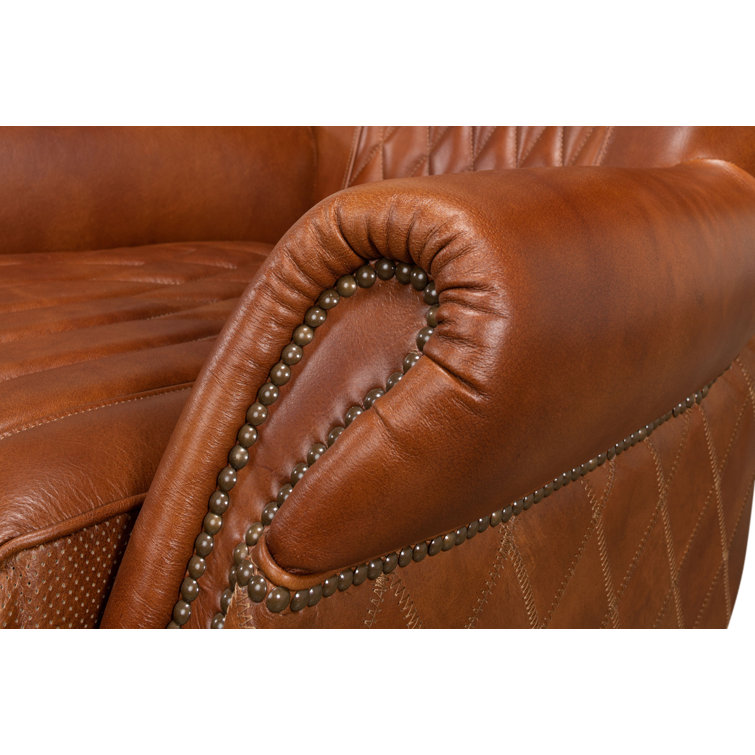 Transitional Bugatti Brown Leather & Wood Wingback Arm Chair