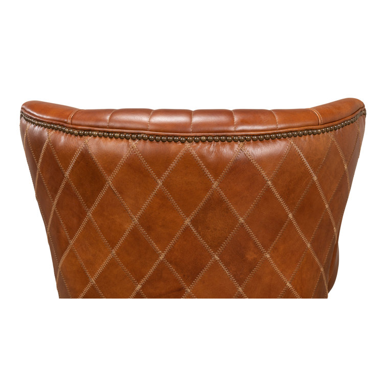 Transitional Bugatti Brown Leather & Wood Wingback Arm Chair