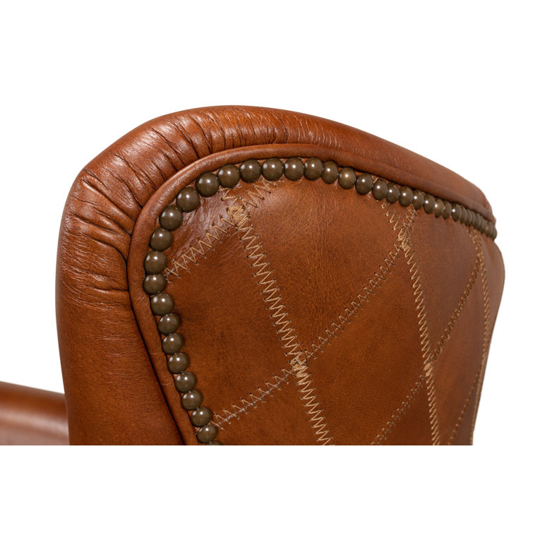 Transitional Bugatti Brown Leather & Wood Wingback Arm Chair