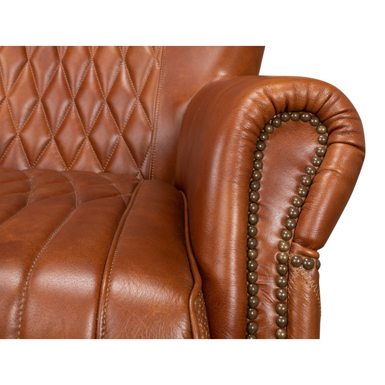 Transitional Bugatti Brown Leather & Wood Wingback Arm Chair
