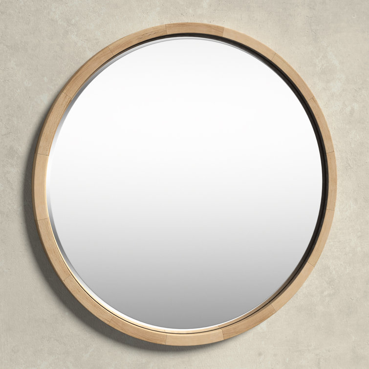 Natural Poplar Wood Round Wall Mirror with Beveled Glass
