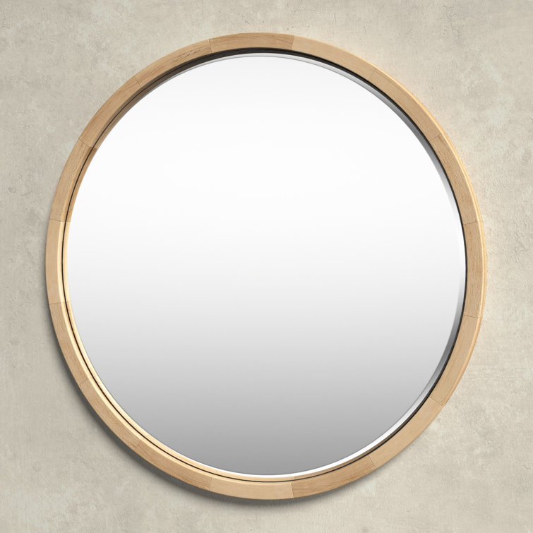 Natural Poplar Wood Round Wall Mirror with Beveled Glass