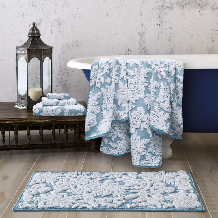 Pasak Floral Blue and White Cotton Bath Rug