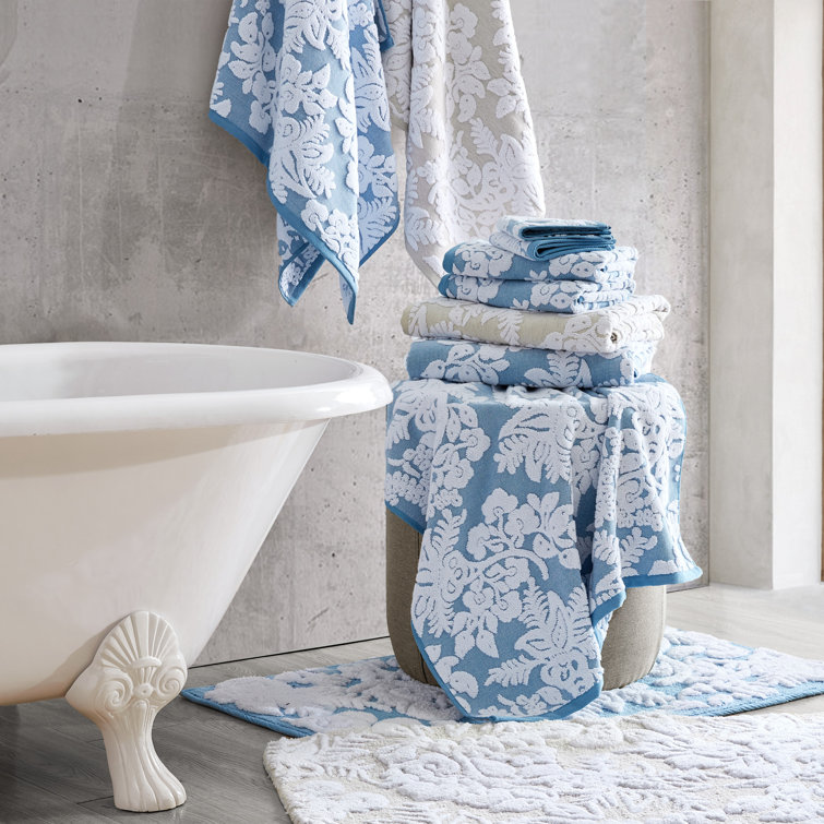 Pasak Floral Blue and White Cotton Bath Rug
