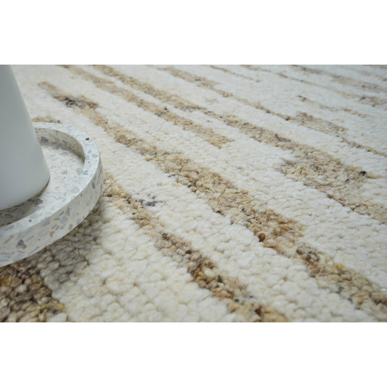 Ivory and Beige Hand-Knotted Wool Geometric Rug, 8' x 10'