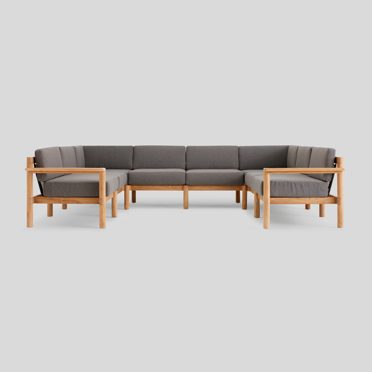 Haven 8-Piece Teak U-Shaped Outdoor Sectional with Greystone Sunbrella Cushions