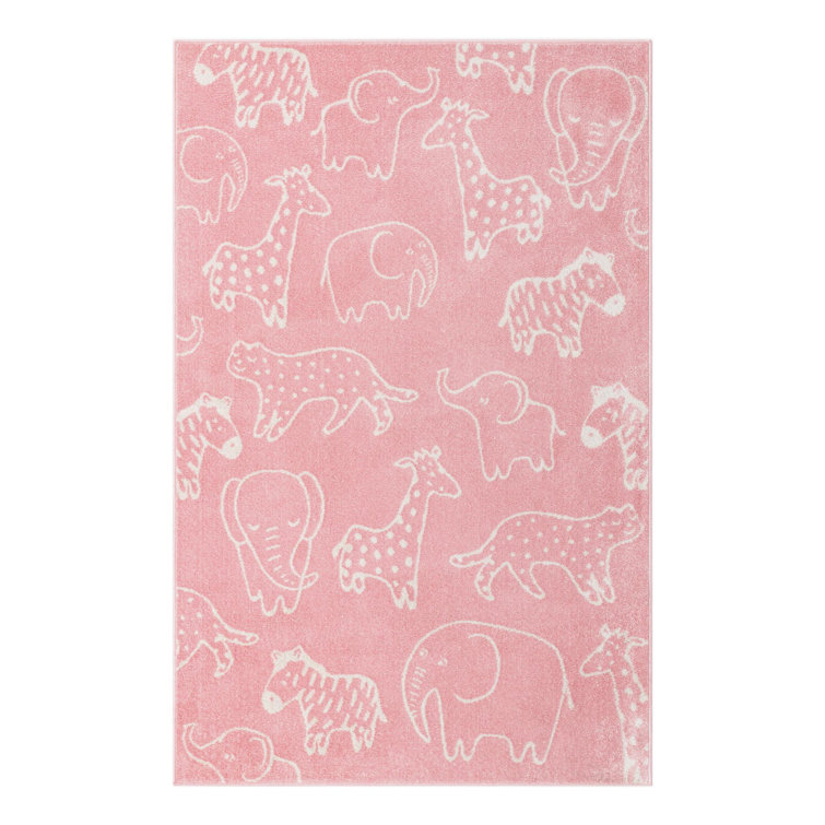 Pink and Ivory Safari Animals Kids Rectangular Rug