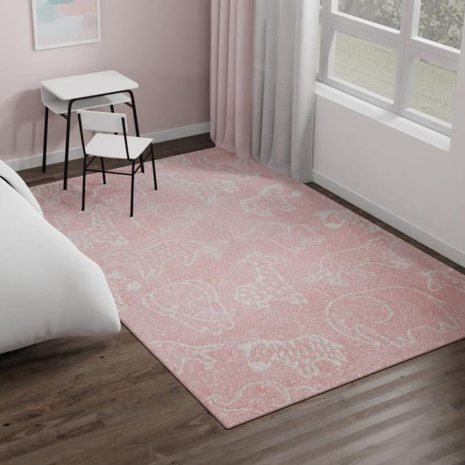 Pink and Ivory Safari Animals Kids Rectangular Rug