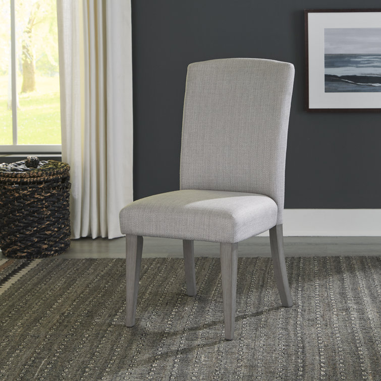 Grey Linen Upholstered Parsons Side Chair with Driftwood Finish