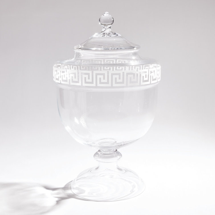 Hand Blown Clear Glass Greek Key Decorative Urn, 29"