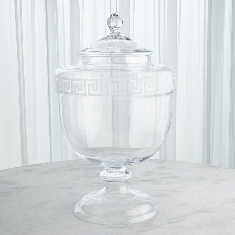 Hand Blown Clear Glass Greek Key Decorative Urn, 29"