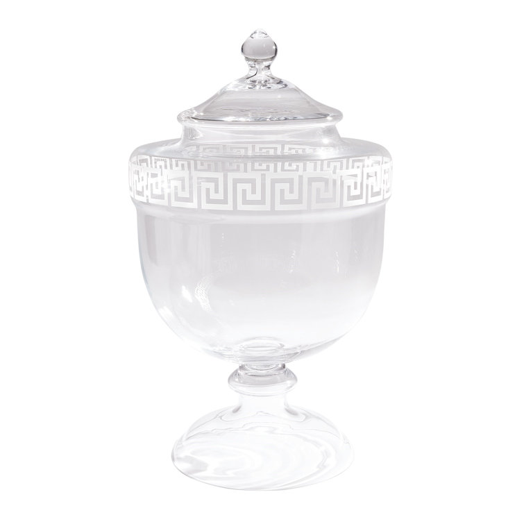 Hand Blown Clear Glass Greek Key Decorative Urn, 29"