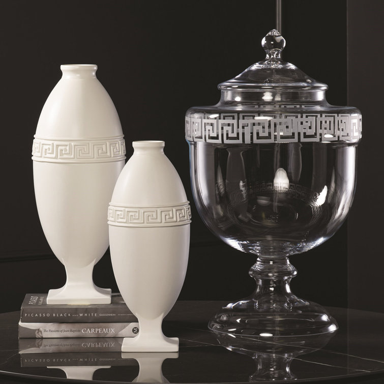 Hand Blown Clear Glass Greek Key Decorative Urn, 29"