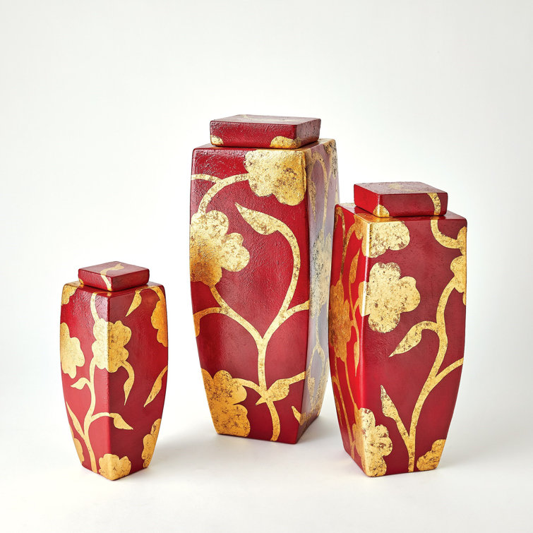 Deep Red and Gold Floral Ceramic Decorative Jar
